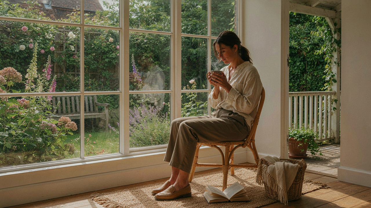 Woman enjoying coffee inside a cozy she shed surrounded by a vibrant garden.