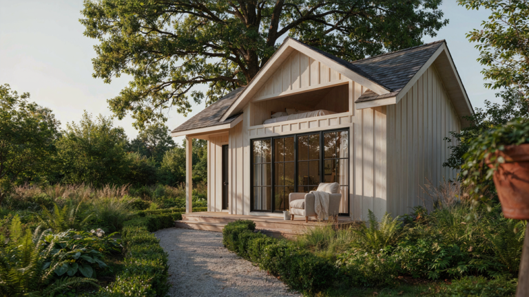 A beautiful she shed with a large loft, surrounded by a vibrant green garden.