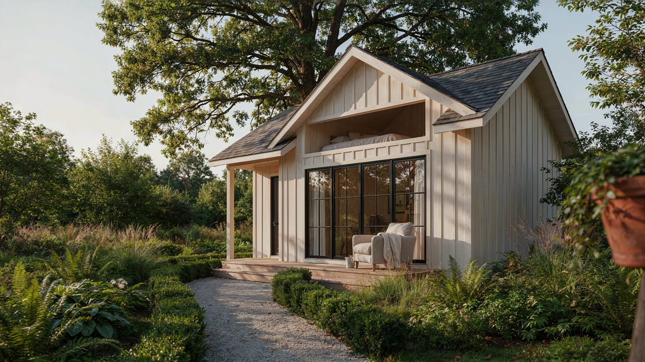 A beautiful she shed with a large loft, surrounded by a vibrant green garden.