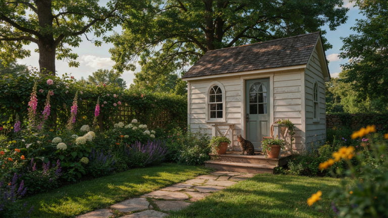 A cozy she shed with porch nestled in a vibrant, sunlit garden.
