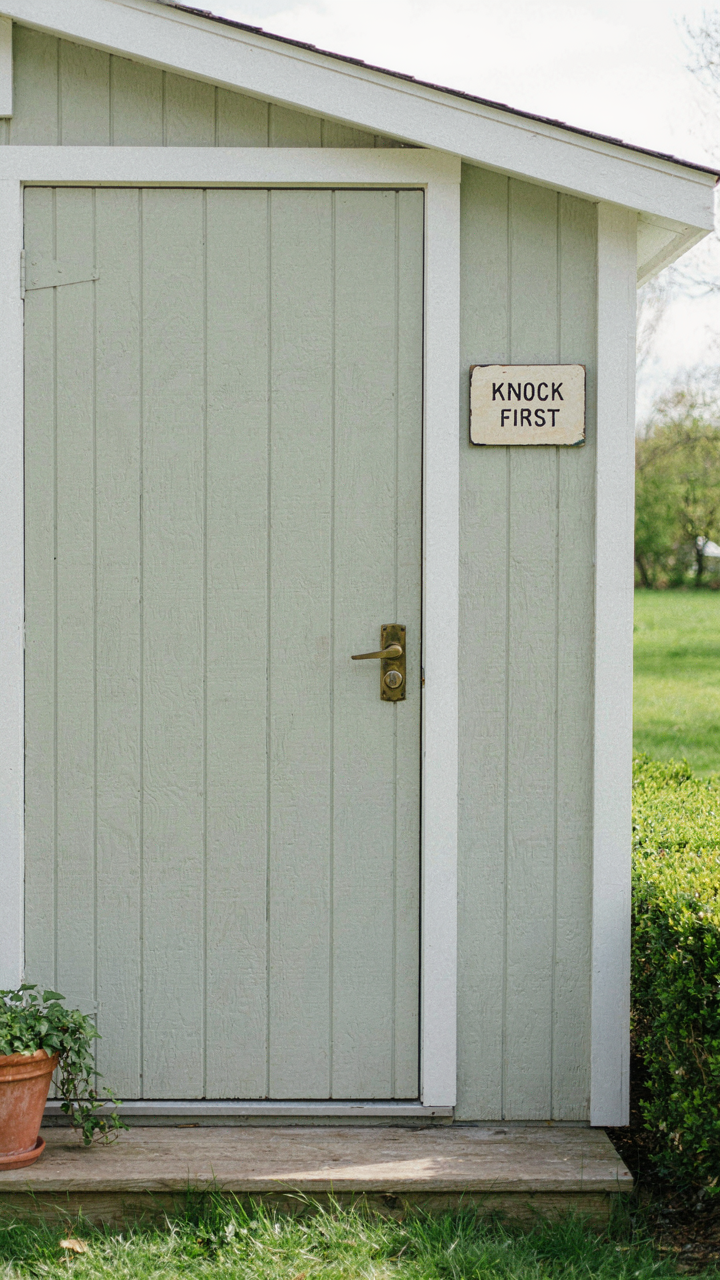 A closed she shed door with a sign asking people to knock first.