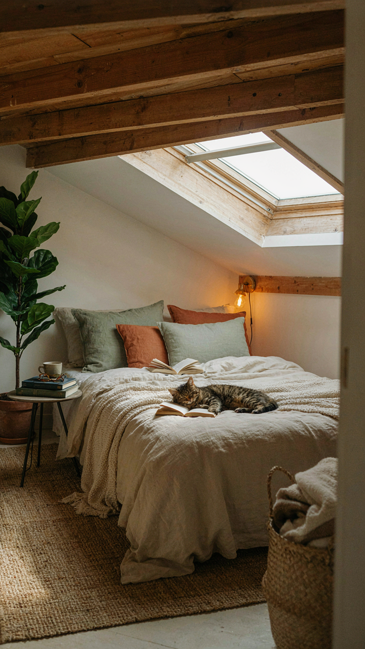 A cozy bed nook in a she shed with loft, with soft blankets and pillows.