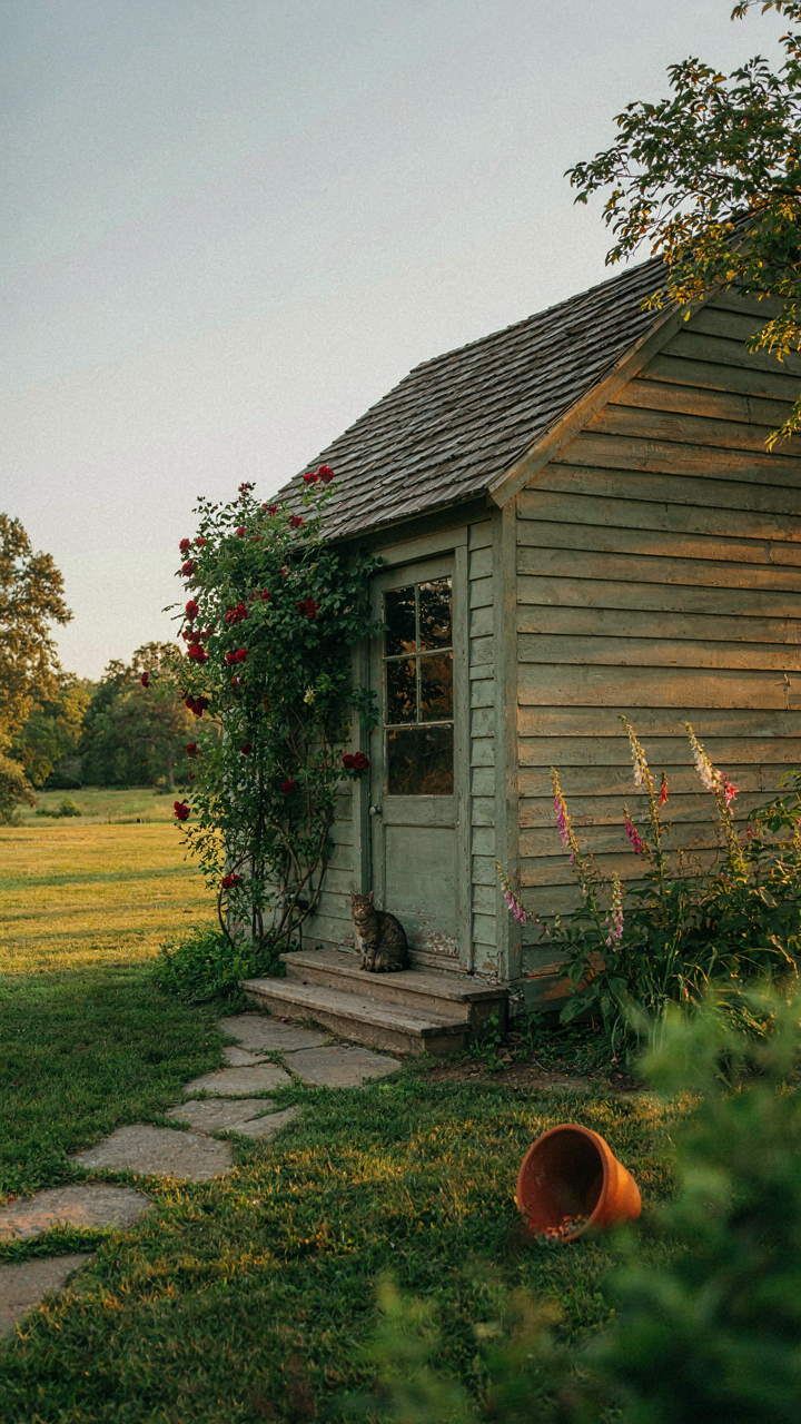 A garden shed with porch faces west, illuminated by warm, golden late afternoon sun.