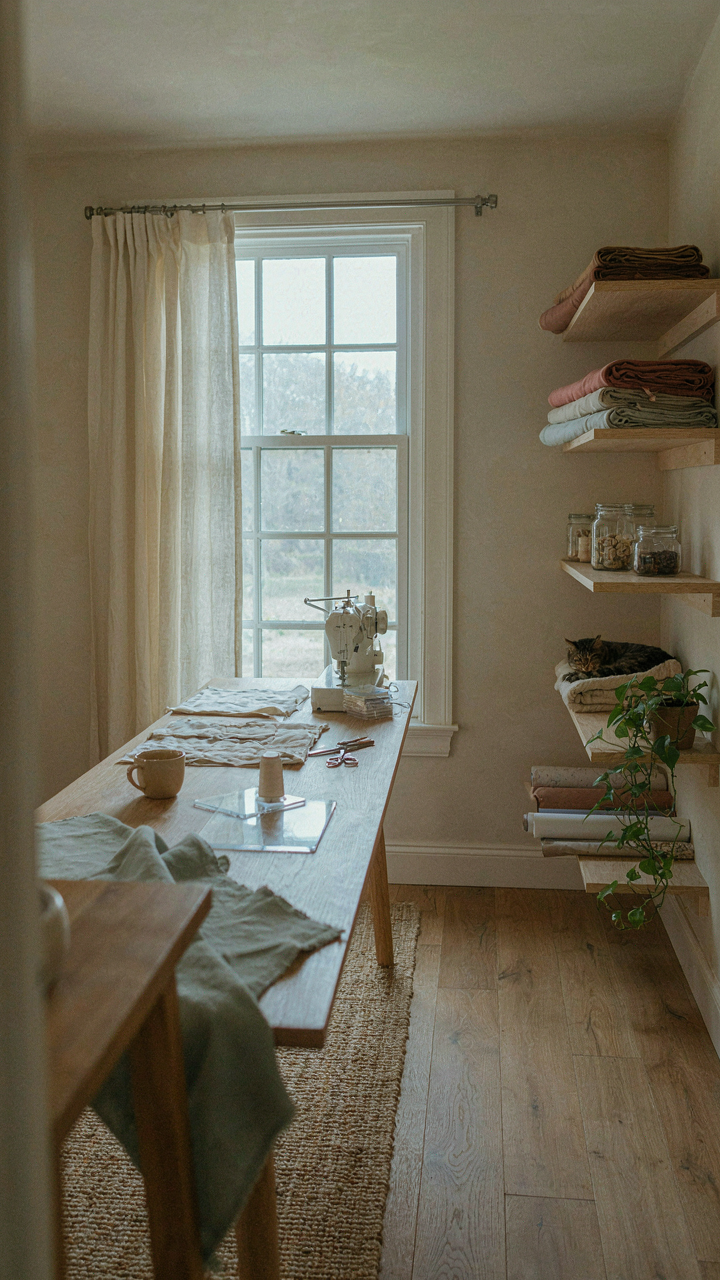A she shed interior with a crafting table by a large window, optimized for flow.
