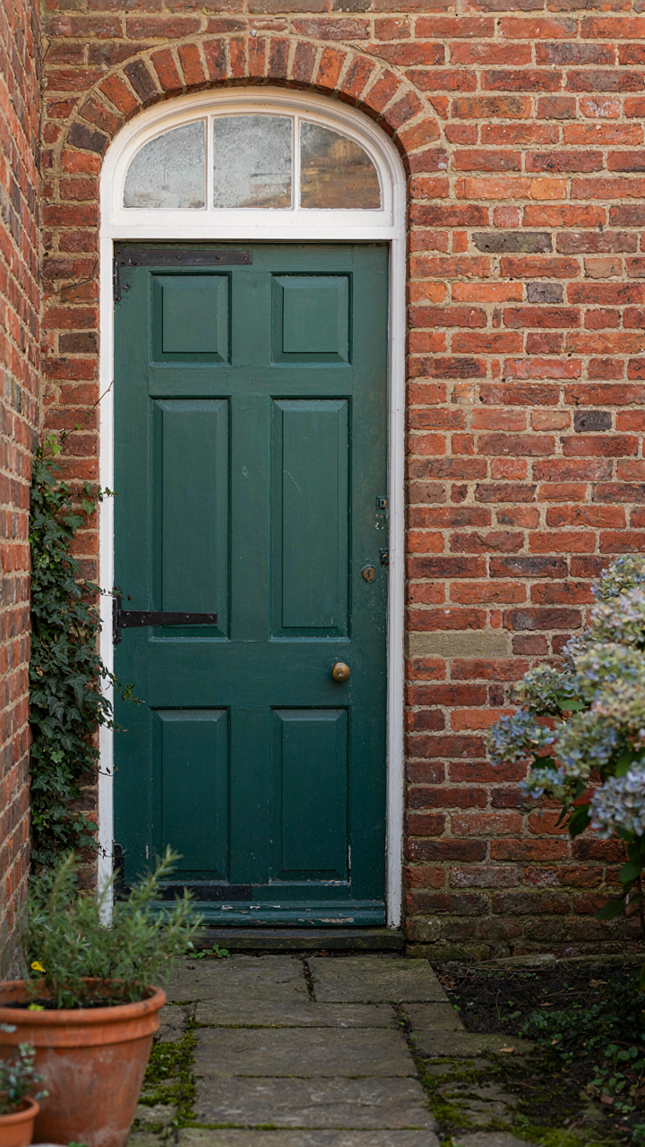 A garden shed door matching the architectural style and color of the nearby house.