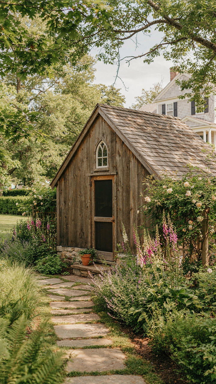A cottage-style she shed exterior with stone and a screened entrance.