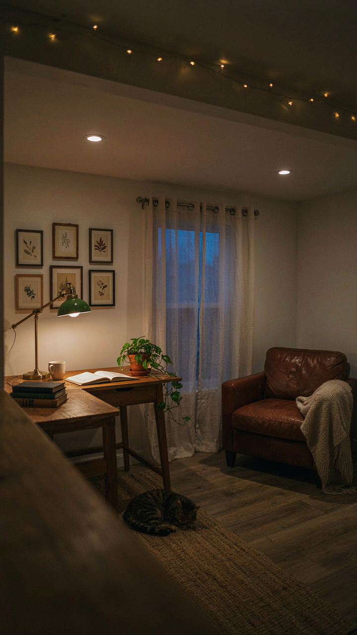 A she shed interior with layered lighting from ceiling lights, a desk lamp, and string lights.