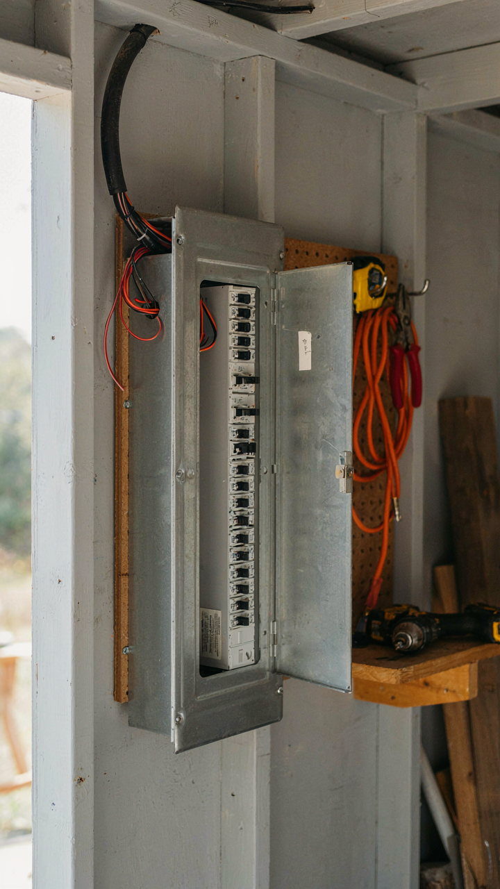 An electrical sub-panel inside a she shed with labeled circuits.