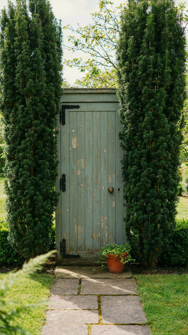 A garden shed door framed by two tall evergreens and a stone paver path.