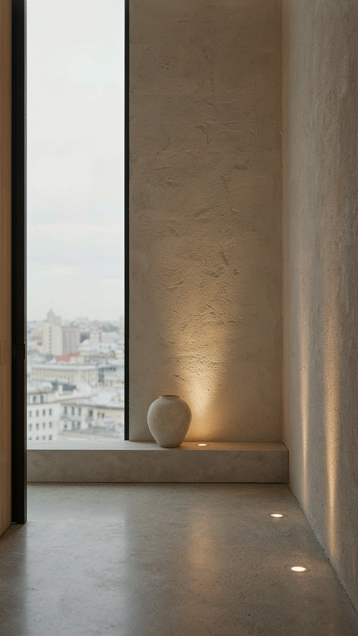 Uplighting illuminates a tall wall in a modern room, making the space feel larger.