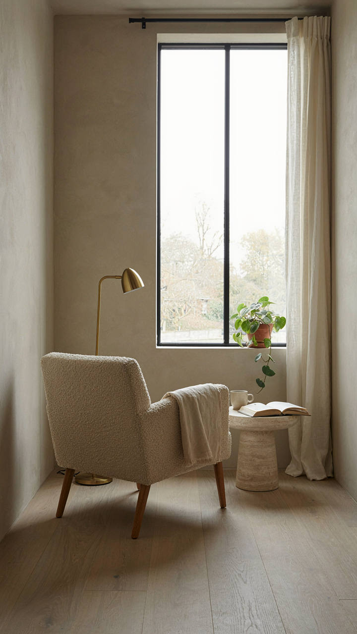 A minimalist she shed interior with greige walls and a single accent chair facing a window.