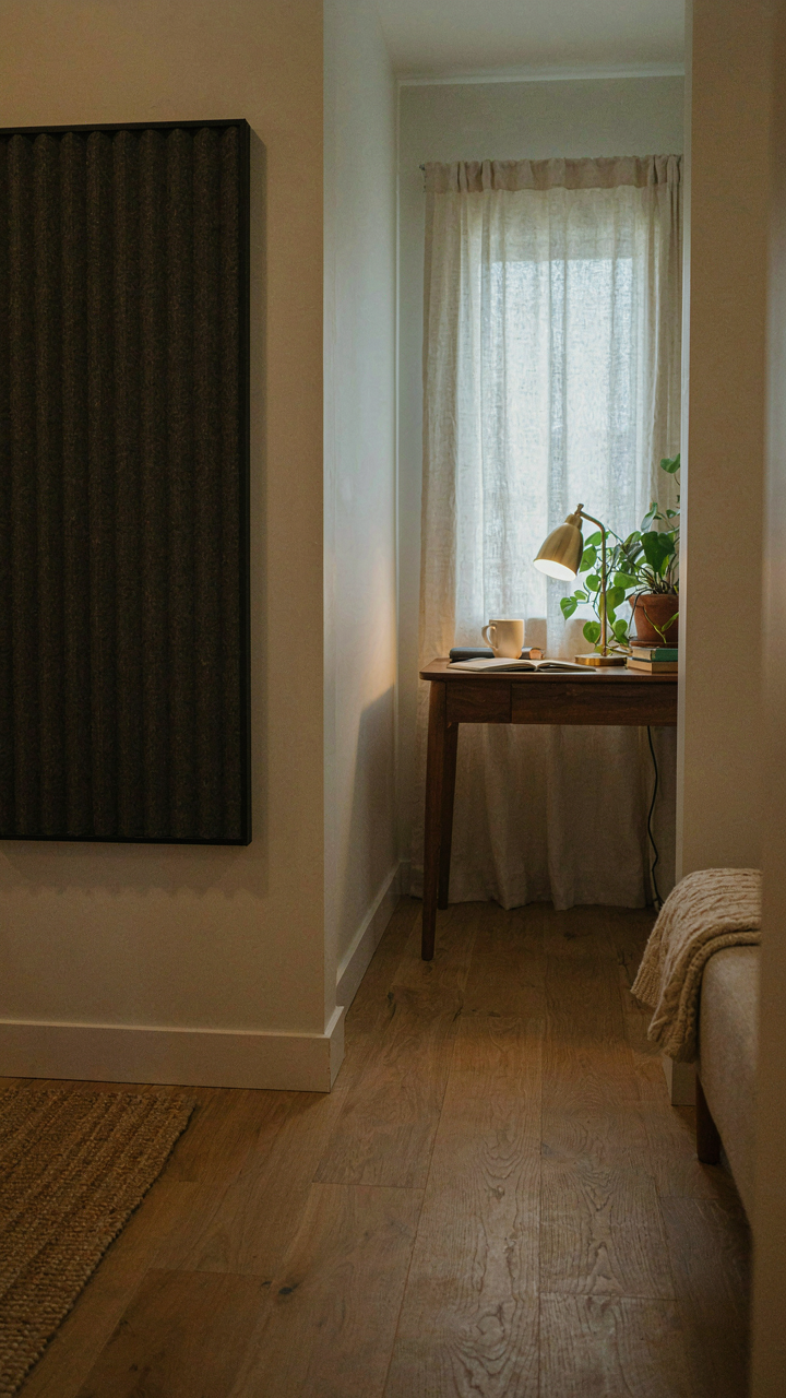 A she shed loft with a sound panel and a warm lamp on a desk.