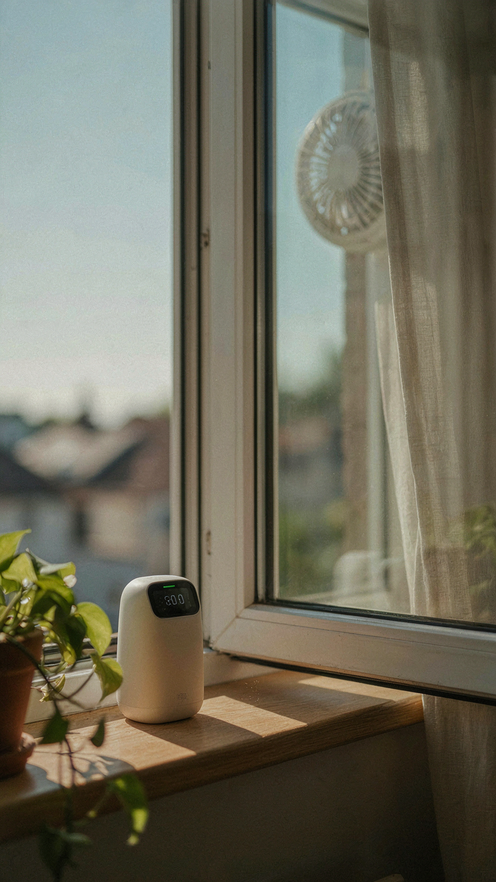 A CO2 monitor on a windowsill next to an open window.