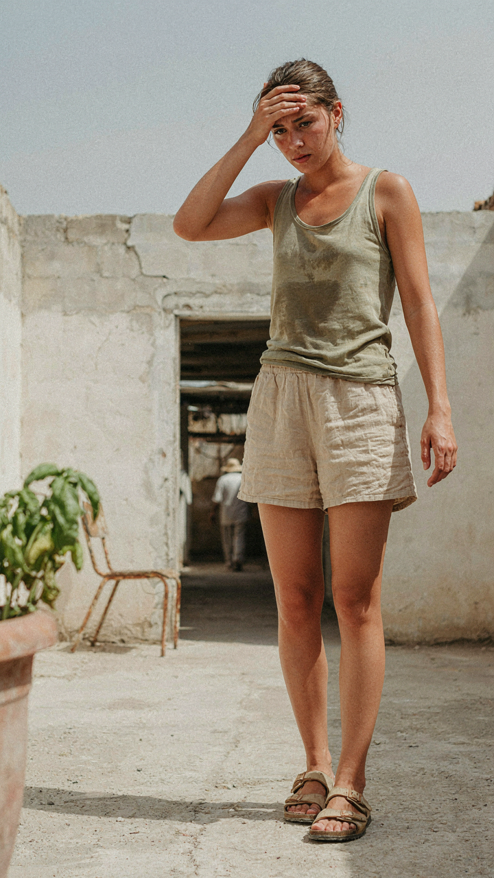 A person wiping sweat from their brow in very hot, humid weather.