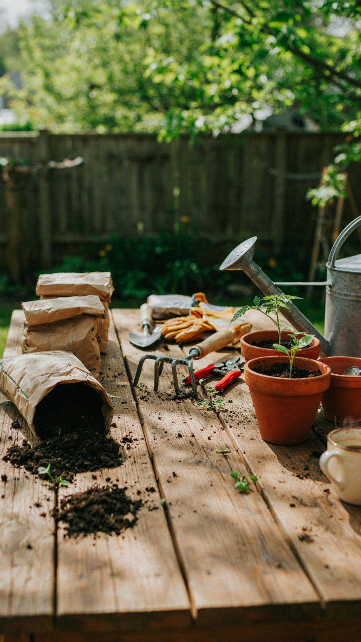 A potting station with soil bags and tools arranged for an efficient workflow.
