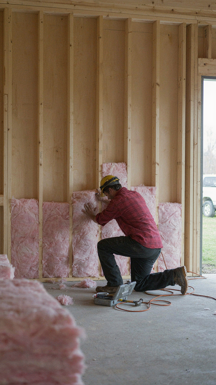 Insulation is installed between the wooden studs of a she shed wall.