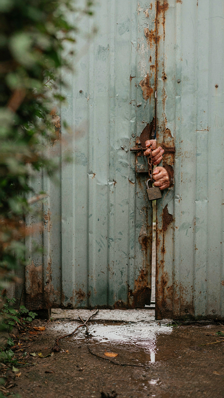 A person's hands struggling to open a rusted, stuck shed door with rain pooling.