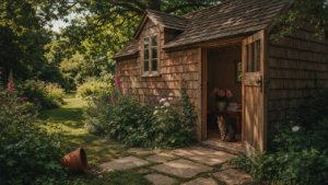 A charming she shed with an open door stands in a green garden, ready for use.