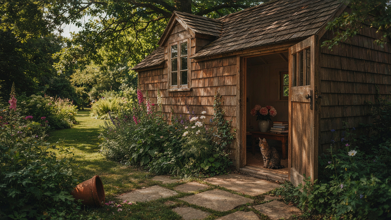 A charming she shed with an open door stands in a green garden, ready for use.