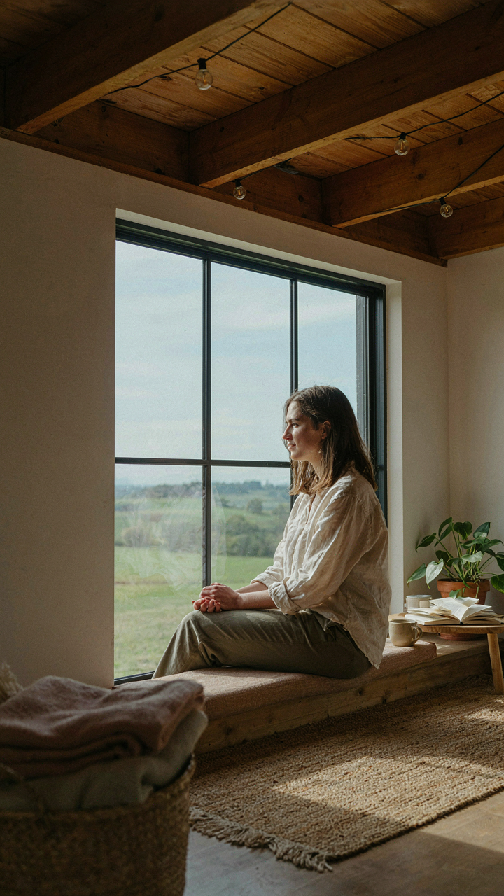 A person sitting peacefully in a she shed loft, looking out a window.