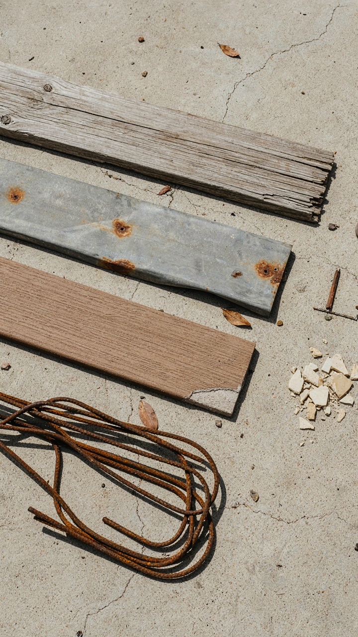 Different building materials exposed to the sun, showing wear and tear.