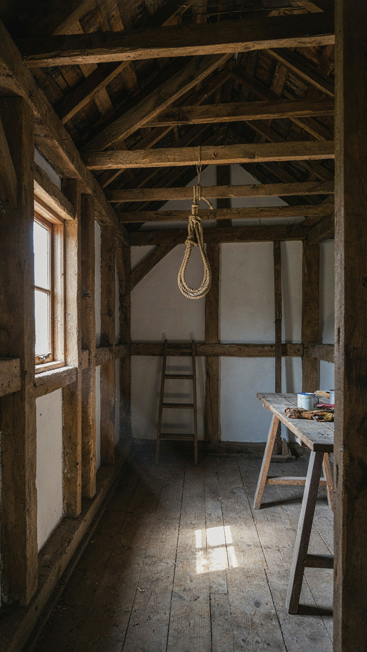 The interior of a rustic garden shed shows exposed timber framing and rafters.