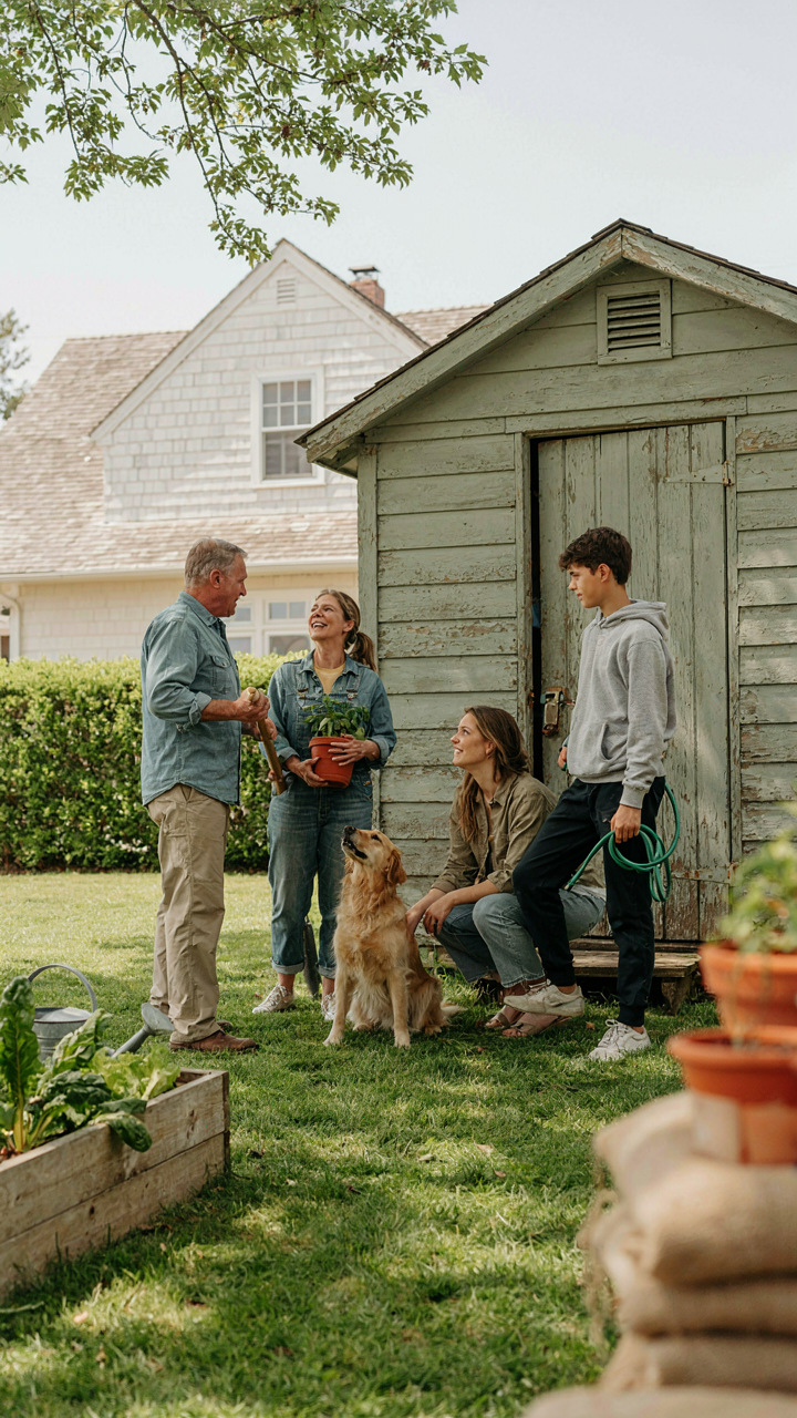 Neighbors laughing and working together around a community garden she shed.