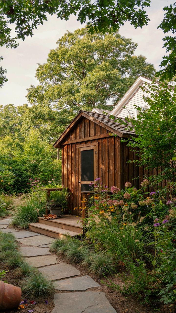 A she shed with porch blends into a lush garden next to a house.