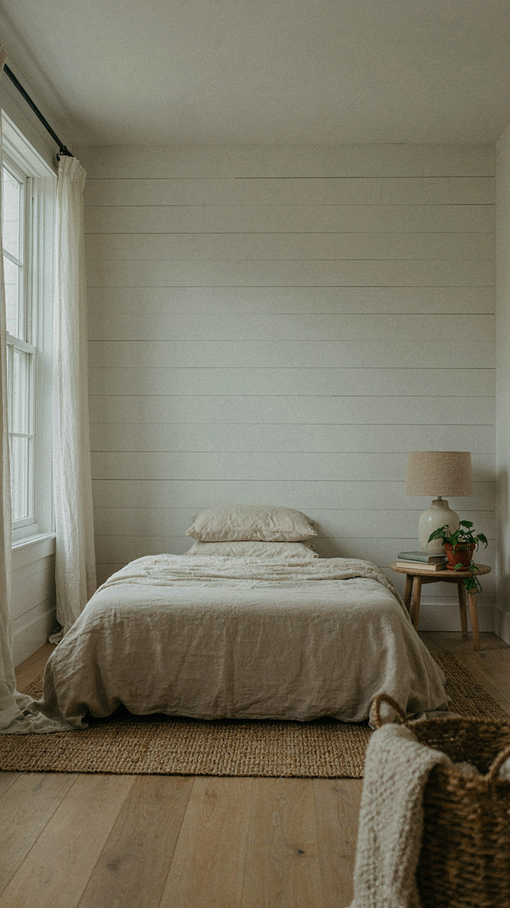 Calm cottage bedroom with horizontal shiplap walls making it feel wide.