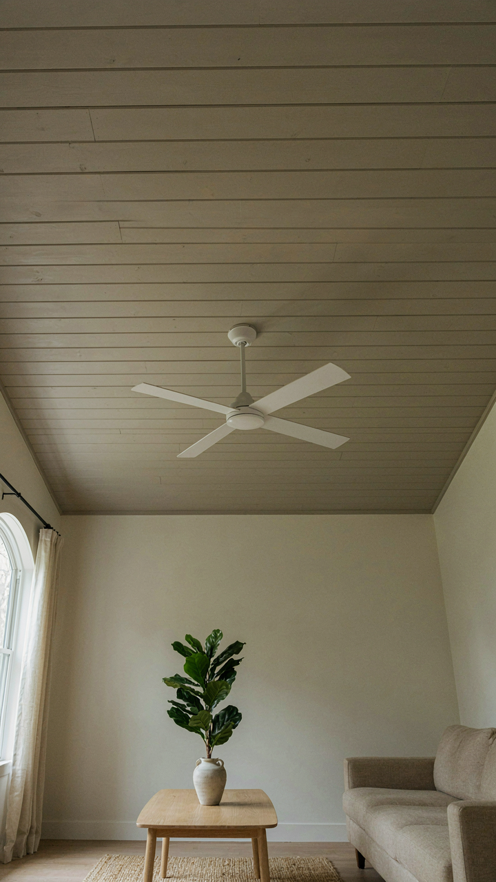 Room with a subtle darker shiplap ceiling, contrasting with smooth walls.