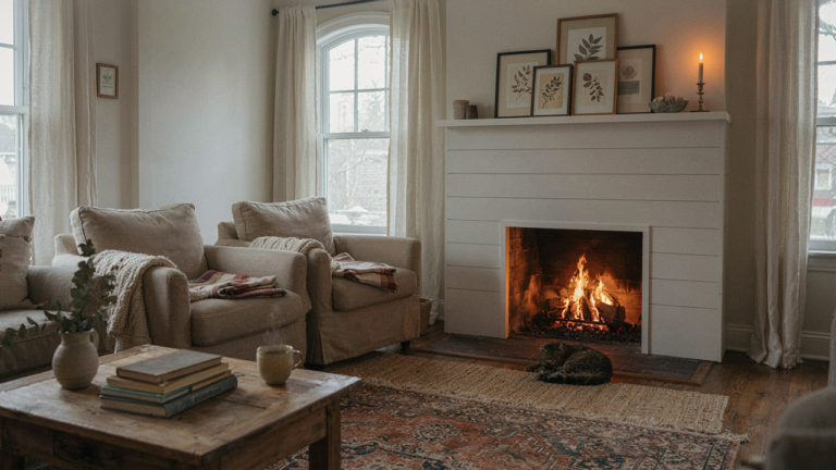 A warm living room with a shiplap fireplace, cozy chairs, and glowing fire.