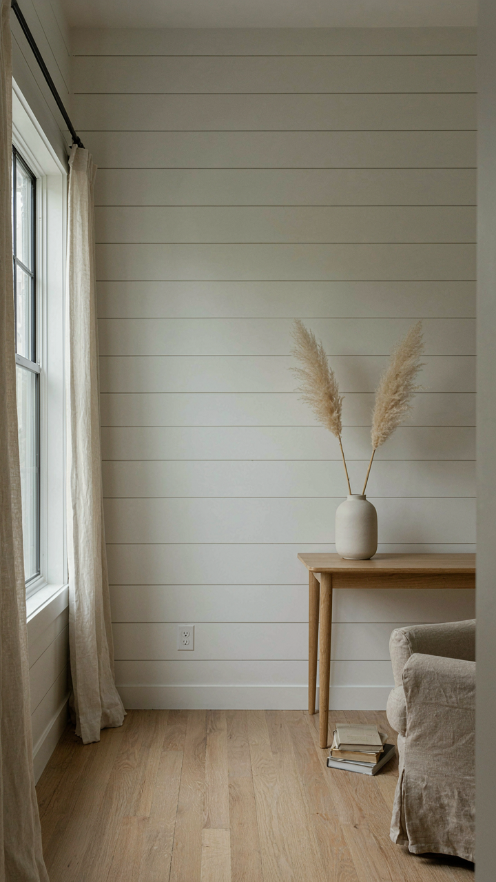 Tall living room with floor-to-ceiling shiplap walls, making the room feel longer.
