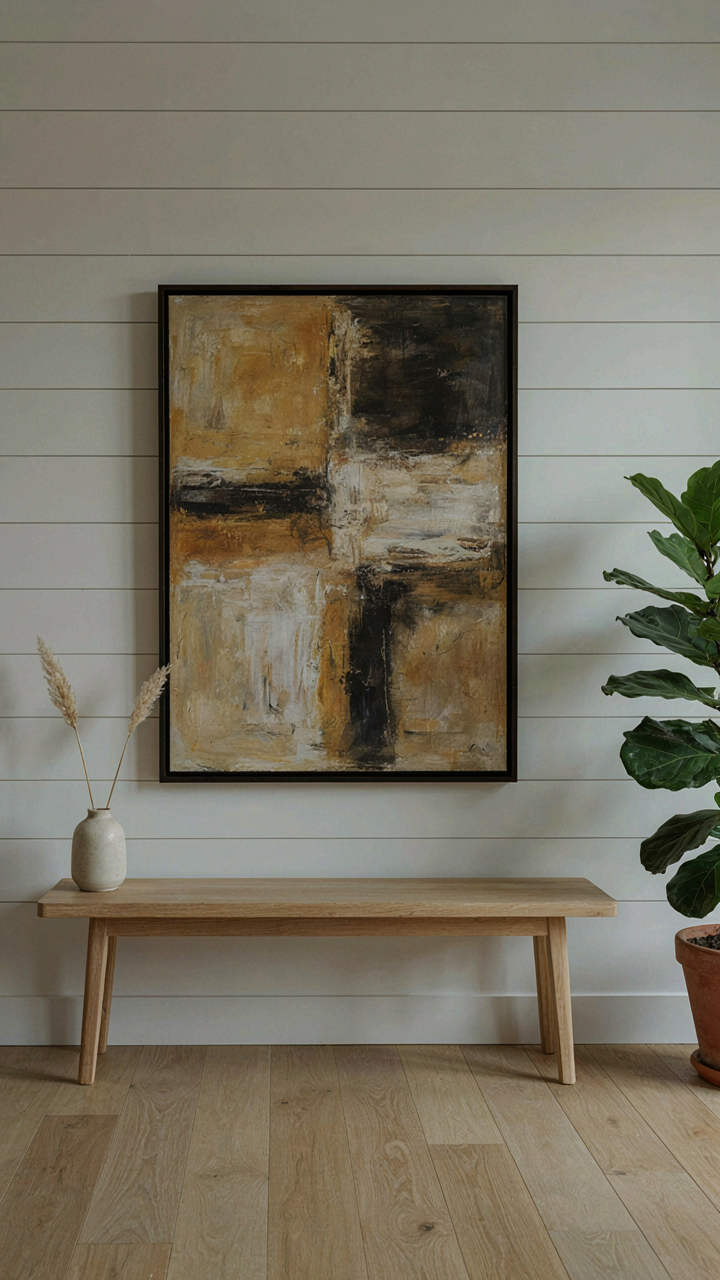 A minimalist living room with a white shiplap wall and one large abstract art piece.