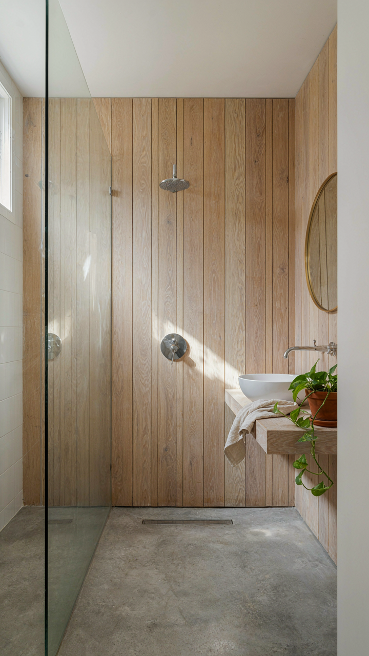A curbless wet room shower with a sloped floor and central drain.