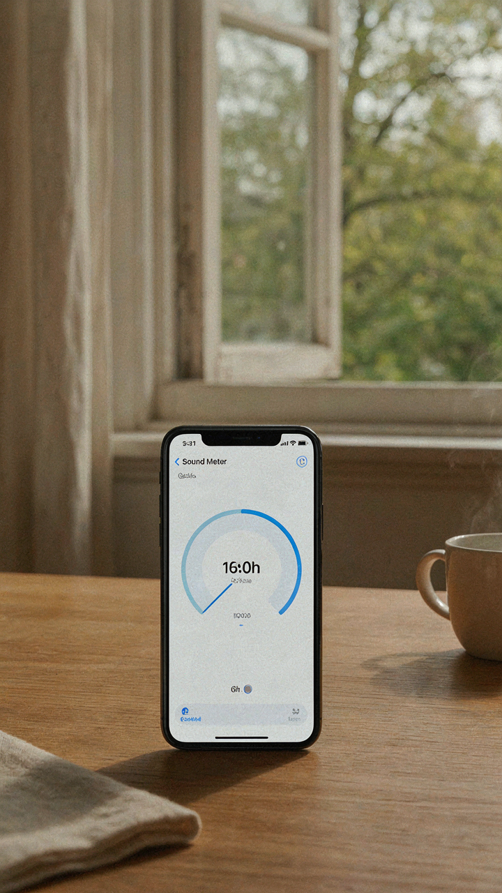 A smartphone shows a low decibel reading by a window.