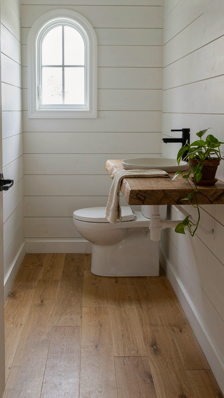 A wall-mounted toilet and floating sink in a tiny cabin bathroom.
