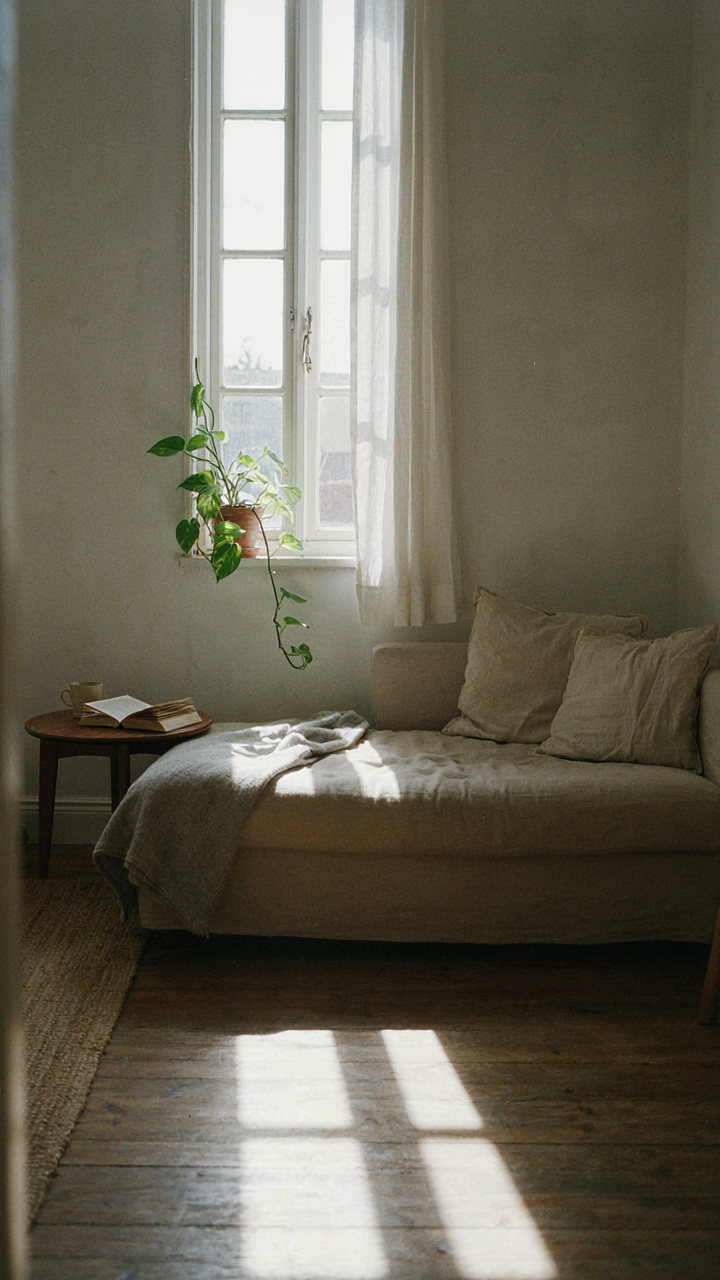 A tall window placed high on a wall illuminates a tiny living room.