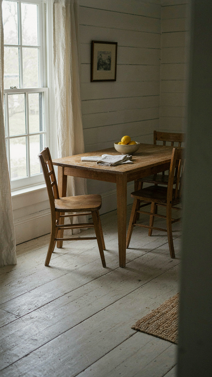 A simple wooden dining table and chairs in a bright, understated small farmhouse.