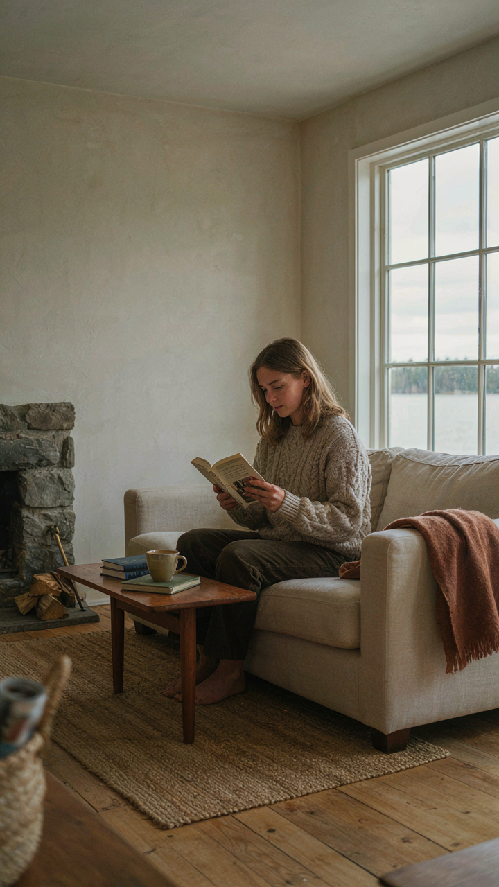 A cozy, simple living room in a small lake cottage with a person reading.