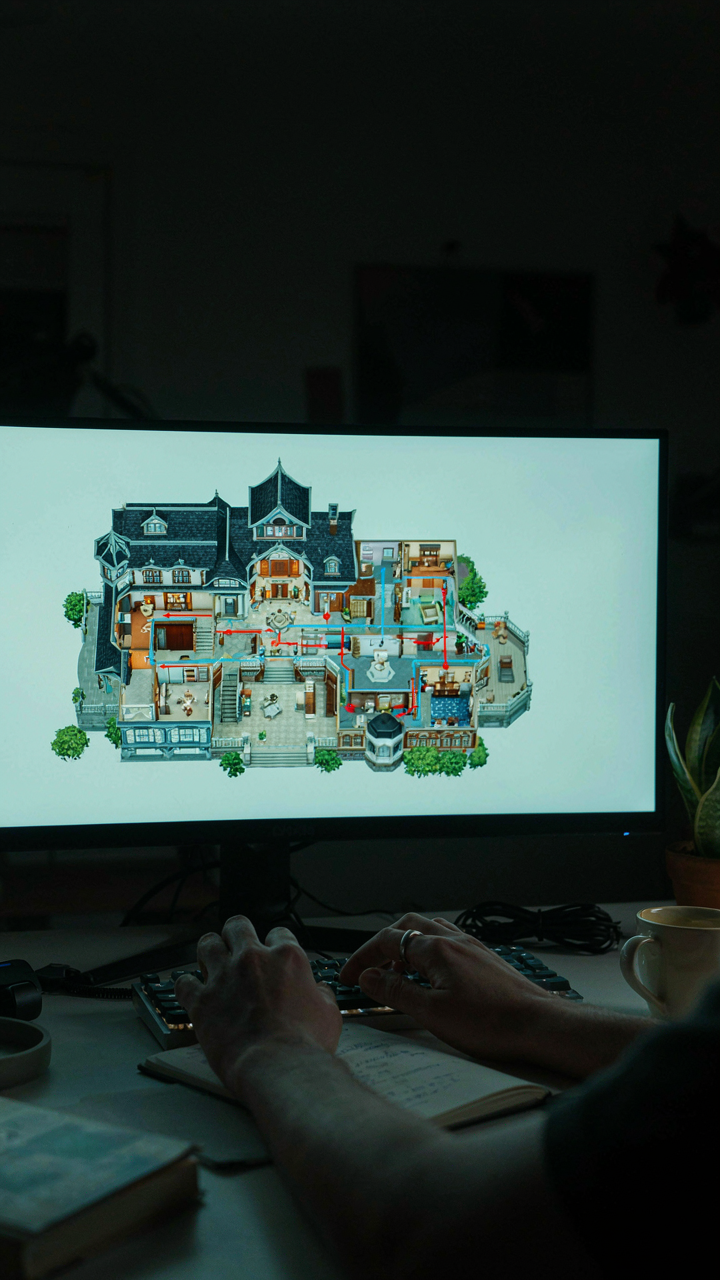Computer screen showing a Sims 4 victorian house layout with plumbing lines.