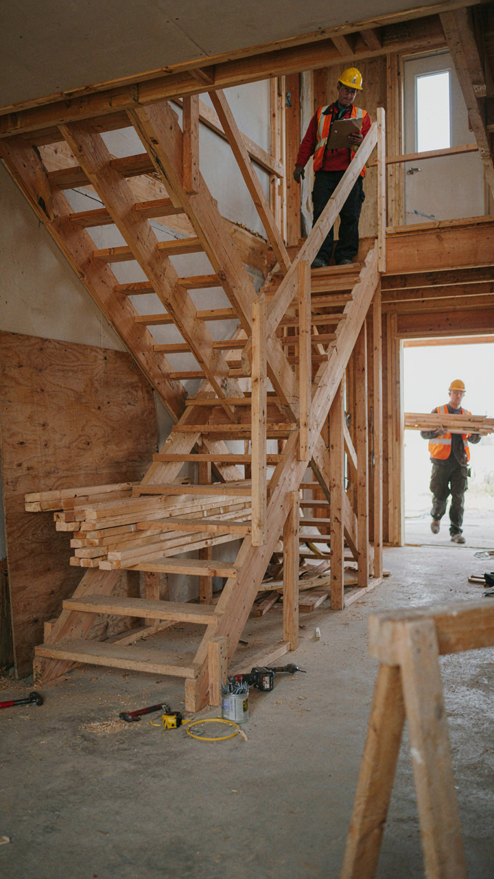 A complex wooden staircase frame under construction in a house.