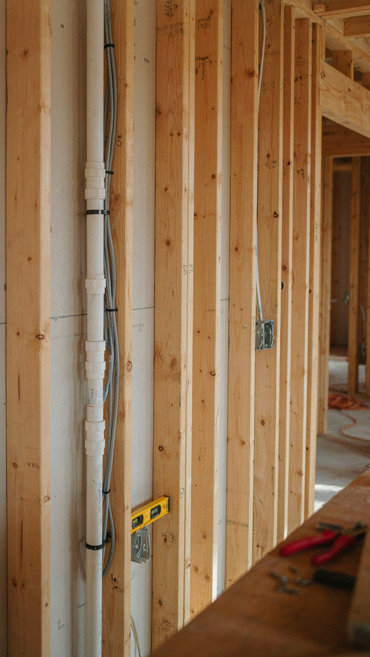 Exposed electrical conduit and data cables in a modern farmhouse wall.