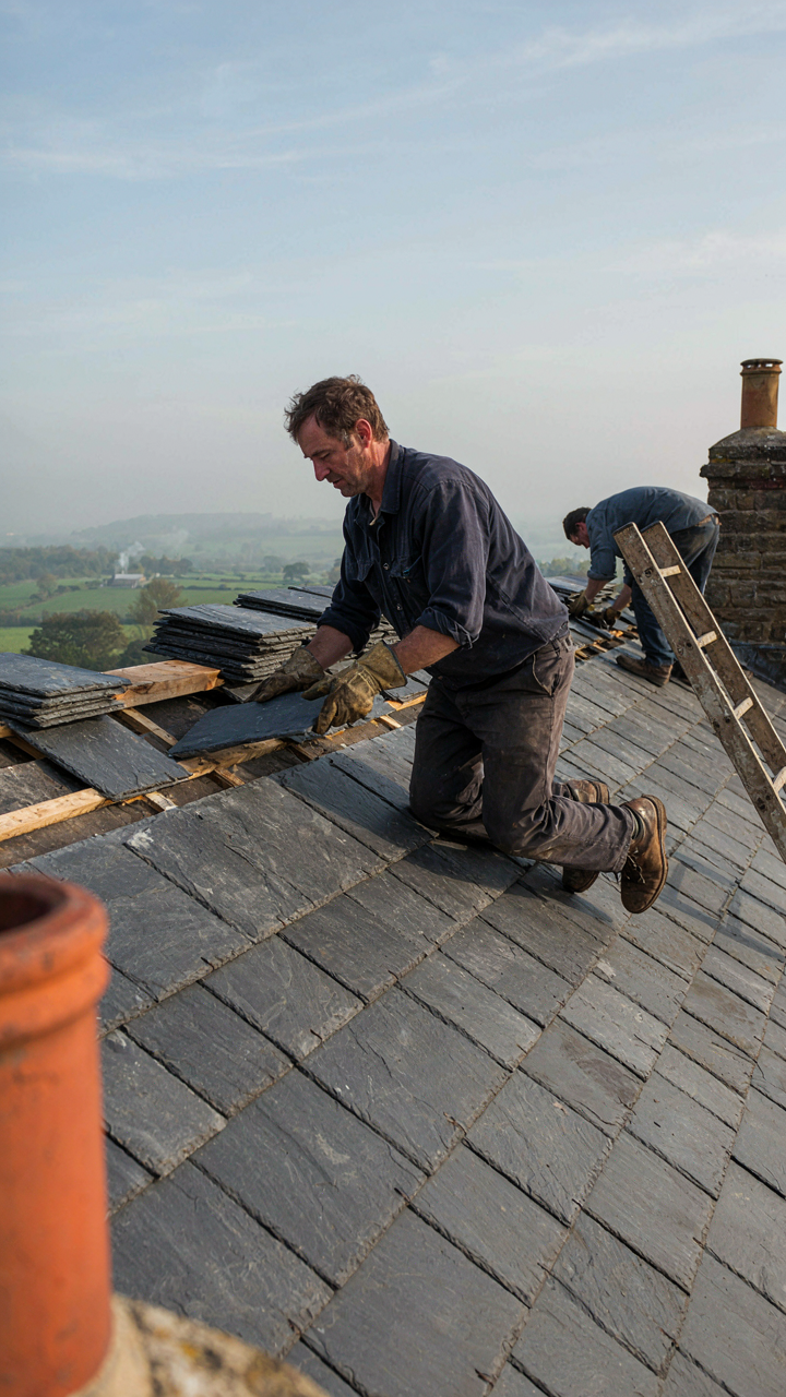 A skilled roofer carefully installs a dark gray slate tile on a cottage roof.