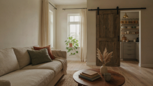 A rustic wooden sliding barn door in a modern farmhouse living room.