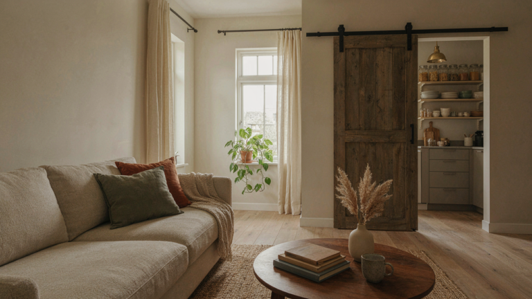 A rustic wooden sliding barn door in a modern farmhouse living room.