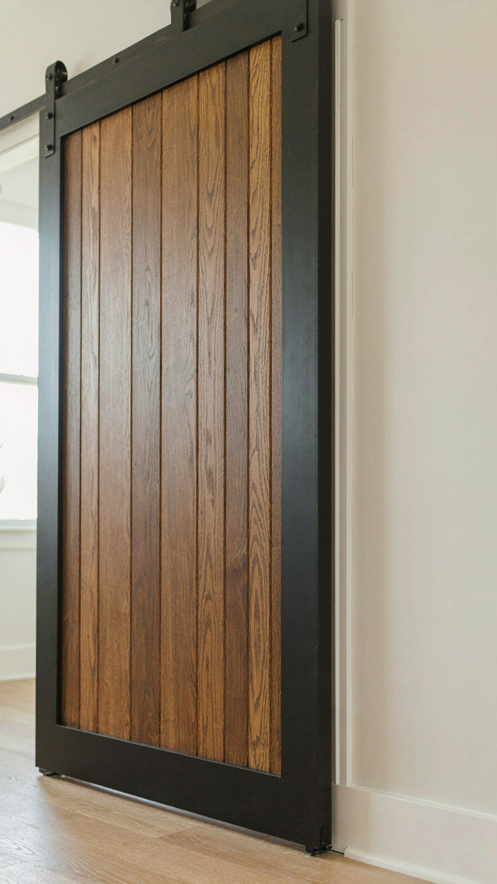 A bathroom sliding barn door with a bottom seal and weatherstripping.