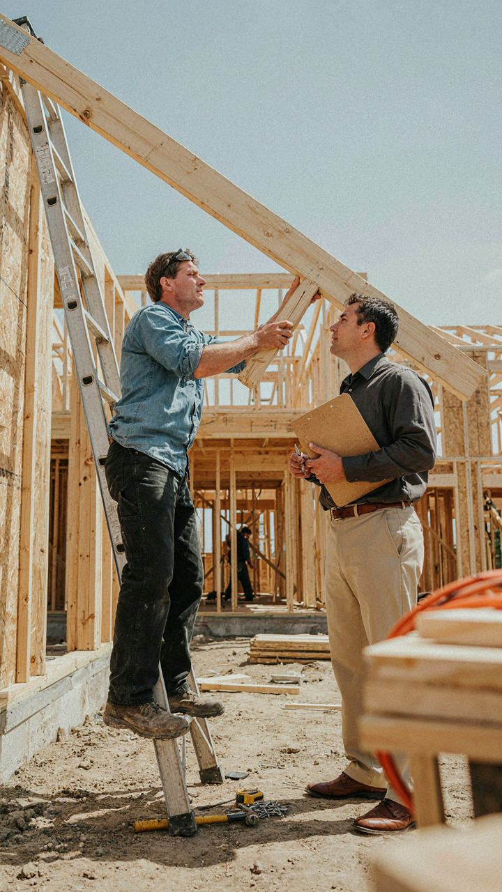 A homeowner struggles with a roof truss while an engineer watches.