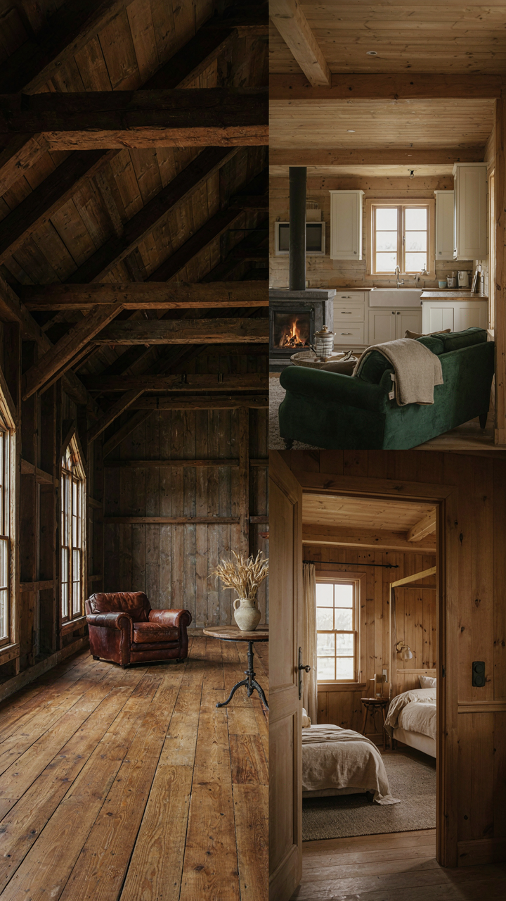 An open barn interior and a cozy cabin interior are shown side by side.