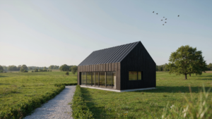 A modern small barn house sits peacefully in a green field under a clear sky.