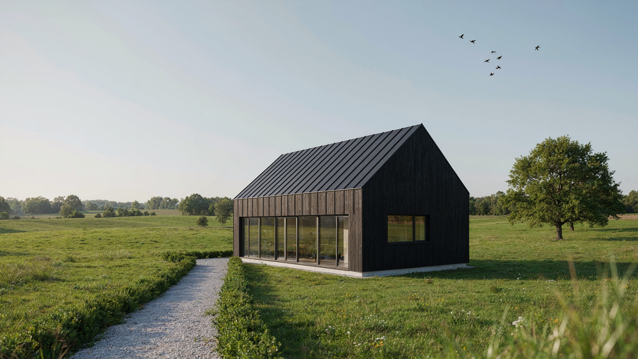 A modern small barn house sits peacefully in a green field under a clear sky.